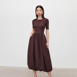 ONLY 秋季简约通勤修身显瘦圆领短袖长裙连衣裙女
