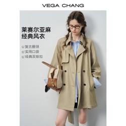 VEGA CHANG 中长款风衣女2026新款春秋英伦风经典百搭双排扣宽松休闲外套
