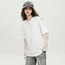 ilovechoc 创意拼接蕾丝假两件长袖T恤女2026秋季款时尚宽松上衣