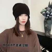 RCKXP~100%绵羊毛帽子绑带堆堆帽女秋冬季显脸小气质光板卷边冷帽