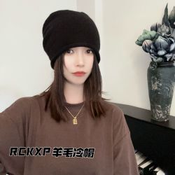 RCKXP~100%绵羊毛帽子绑带堆堆帽女秋冬季显脸小气质光板卷边冷帽