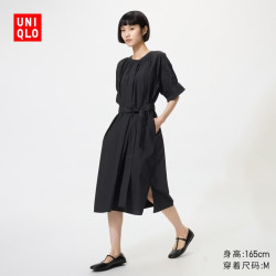 优衣库 棉混纺泡泡袖连衣裙短袖女装487279 09 黑色 XL