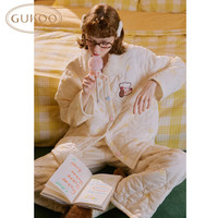 果壳 26新款睡衣女冬季原创IP轰轰小狗保暖绗棉翻领女士家居服套装D 奶油白套装 S