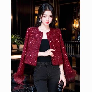 小香风毛毛拼接粗花呢上衣外套女