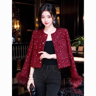 小香风毛毛拼接粗花呢上衣外套女