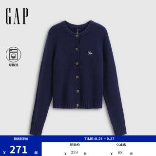 Gap 女装2025秋季刺绣logo宽松花扣针织开衫基础款上衣 海军蓝 XS (155/80A) 亚洲尺码