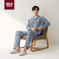 無印良品 MUJI 男士无侧缝双层纱织睡衣软棉棉内衣藏青色格纹 L