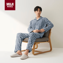 無印良品 MUJI 男士无侧缝双层纱织睡衣软棉棉内衣藏青色格纹 L