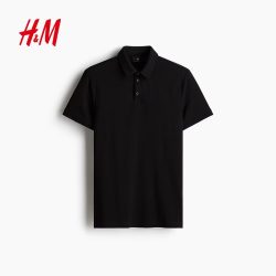 H&M 男装Polo衫2024夏季薄款商务通勤风男士翻领短袖上衣0956343 黑色 S 170/92