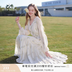 香影 法式碎花V领收腰 A字连衣裙 鹭白 M