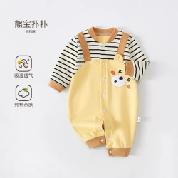 婧麒 婴儿衣服春秋假两件条纹背带裤外出服洋气连体男女宝宝秋季