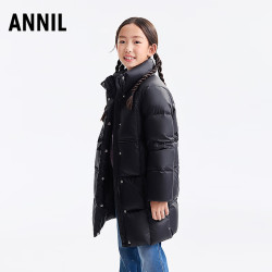 安奈儿 童装女童长款羽绒服保暖加厚中大童滑雪服 黑色 160