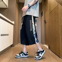 月伊纺 夏季宽松直筒七分裤男士拼接刺绣新中式休闲裤青年潮流百搭沙滩裤