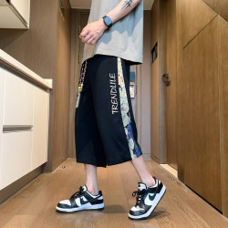 月伊纺 夏季宽松直筒七分裤男士拼接刺绣新中式休闲裤青年潮流百搭沙滩裤