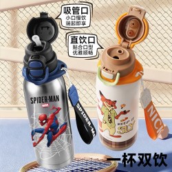 联名迪士尼儿童保温杯男孩女小学生上学专用吸管运动水杯壶蜘蛛侠
