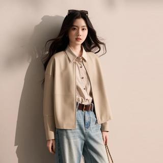 三彩 【2026秋季】皮衣外套PU圆领拉链开衫宽松落肩袖通勤S
