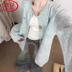 浪莎 日系甜美毛衣开衫外套女春季2026新款超好看宽松慵懒风针织衫上衣 浅蓝色 均码