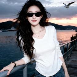 快鱼 T恤女秋季时尚简约不规则打底外穿上衣日常通勤棉质女式t恤女