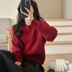慵懒风圆领简约纯色毛衣女宽松2026新款韩版休闲百搭套头针织长袖