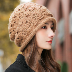 手工钩花帽子女秋冬百搭保暖柔软花朵套头帽双层针织毛线帽包头帽