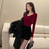 加银狐绒网纱打底衫女长袖2026秋冬新款v领小衫抽皱修身显瘦上衣