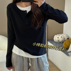 秋冬排扣宽松黑白撞色长袖假两件T恤遮肚子上衣女加绒打底衫内搭