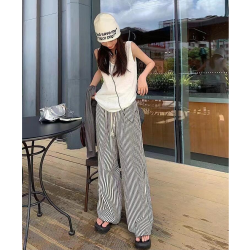 韩系慵懒松弛感遛弯裤女春夏高腰休闲条纹裤子宽松直筒阔腿拖地裤