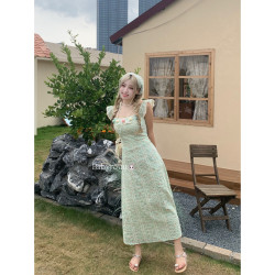 baby rouu温与柔甜美碎花镂空收腰吊带连衣裙