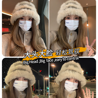 大头围定制新款醒狮帽毛线帽子女秋冬真兔毛针织帽显脸小保暖护耳