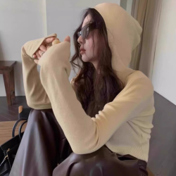 韩系内搭时尚连帽V领长袖打底衫女早秋穿搭薄款毛衣修身短款上衣