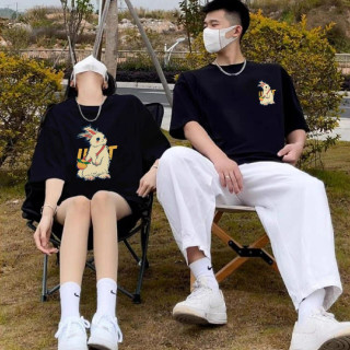 休闲夏季圆领黑色2026情侣装美式纯棉短袖T恤百搭宽松情侣中长款