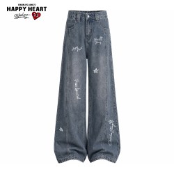 CHARLES JANG'S HAPPY HEART 美式解构拼接字母印花牛仔裤男女春秋款宽松弯刀长裤子