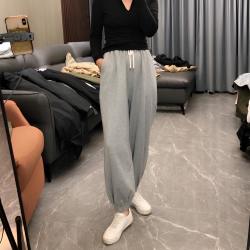 新款针织宽松大码洋气MM透气女款长裤春秋显瘦百搭抽绳阔腿裤灰色
