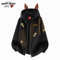 CHARLES JANG'S HAPPY HEART 美式星星连帽开衫卫衣男秋季新款情侣通勤潮牌宽松外套