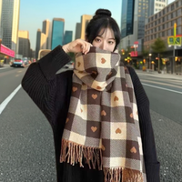 东大门百搭韩版格子双面围巾女保暖披肩爱心仿羊绒加厚流苏围脖