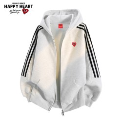 CHARLES JANG'S HAPPY HEART 美式拼色条纹开衫卫衣男春秋季百搭拉链潮牌连帽外套