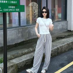 菡儿 韩版东大门慵懒条纹裤夏季高腰宽松直筒阔腿裤显瘦百搭休闲遛弯裤