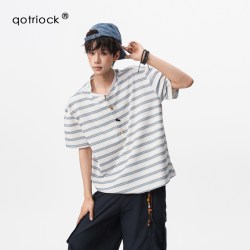 QOTRIOCK 美式牛角扣亨利领条纹短袖男女夏季潮宽松少年感T恤简约情侣上衣