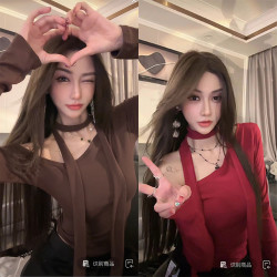 ♥随变♥挂脖斜肩打底长袖T恤高腰不规则上衣辣妹修身