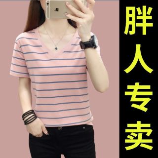 妈妈遮肚上衣藏肉夏季宽松显瘦夏装棉质短袖T恤女士条纹体恤衫v领