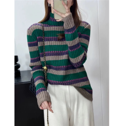 渐变彩虹~秋冬新款绿条纹长袖百搭宽松针织套头打底女1126-2