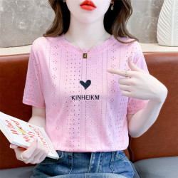 蕾丝短袖女装夏装2024新款时尚洋气休闲宽松字母刺绣设计别致上衣