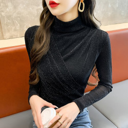 冬季银狐绒半高领网纱打底衫女长袖2026新款洋气小衫