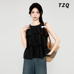 淘稚气 挂脖无袖短款外穿上衣薄款夏季背心吊带女装洋气时尚黑色法式宽松