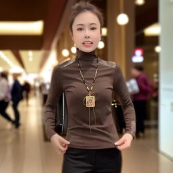 PU皮拼接设计感高领打底衫修身上衣法式长袖T恤女洋气