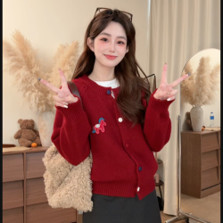2026新款韩系简约休闲百搭撞色刺绣小马圆领长袖针织开衫女