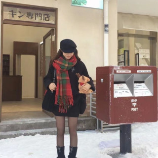 红色圣诞款格子围巾女生冬季2023新款百搭保暖韩版围脖披肩绿
