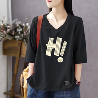 时尚V领t恤夏季新款纯棉韩版胖MM短袖女宽松显瘦百搭大码上衣女潮