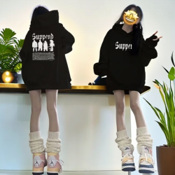 潮牌黑色连帽卫衣女秋冬款加绒加厚保暖外套学生休闲宽松ins洋气