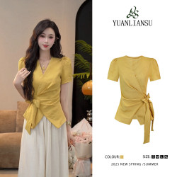 YUANLIANSU/圆脸酥夏季新款洋气时尚V领短袖不规则衬衫